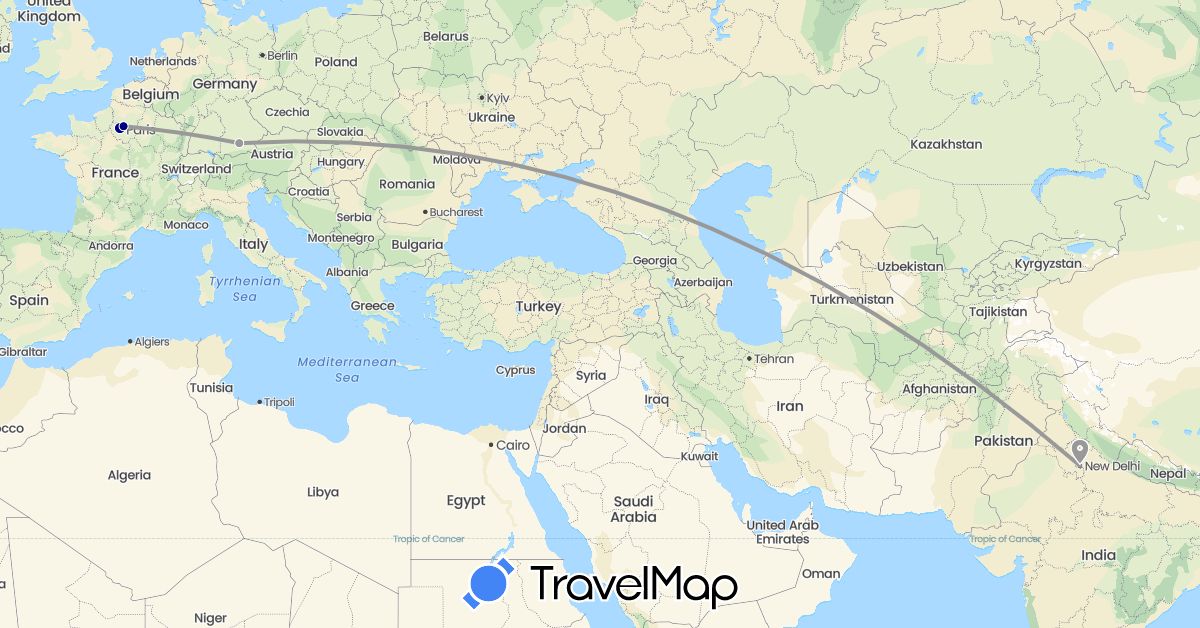 TravelMap itinerary: driving, plane in Germany, France, India (Asia, Europe)